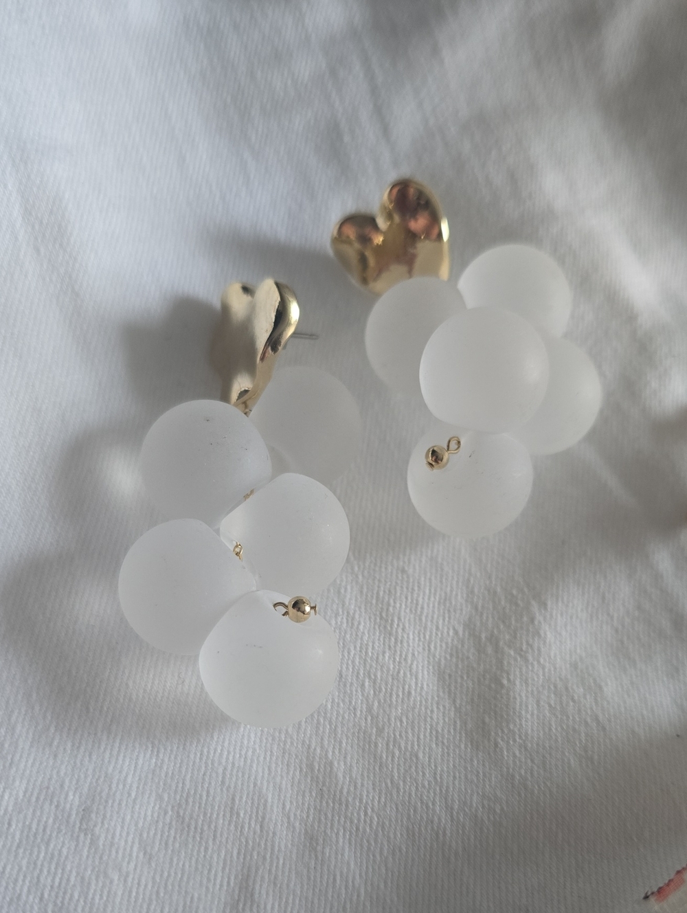 Gold Heart & Frosted White Bead Drop Earrings - Women Jewelry
